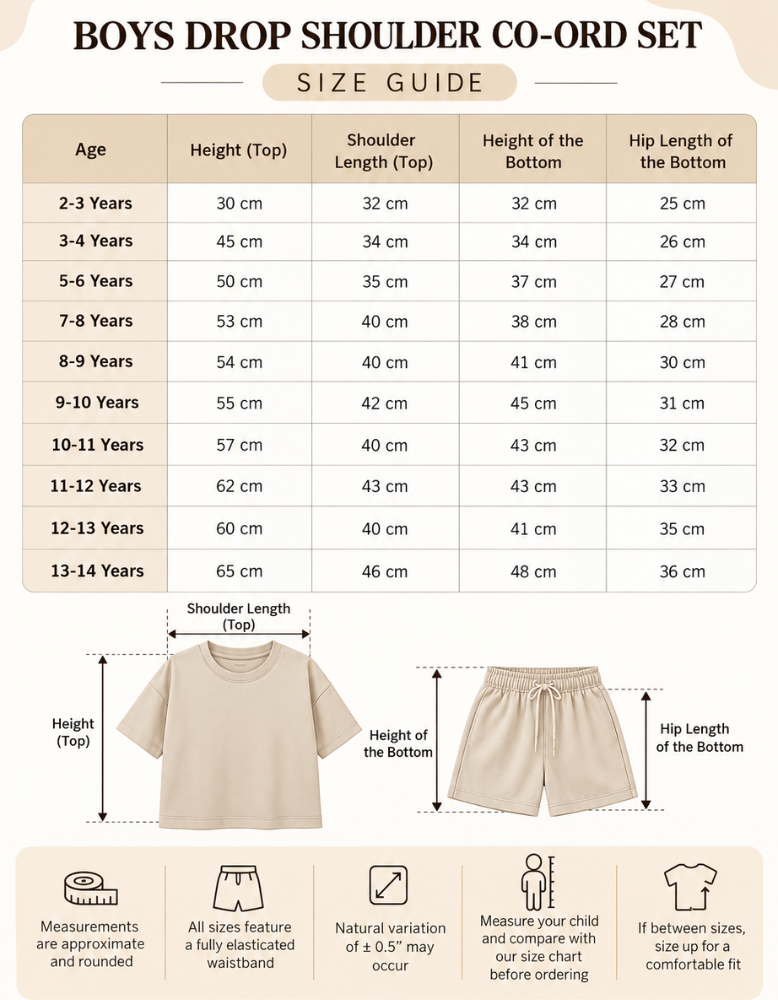 Boys Coord Drop Shoulder size chart