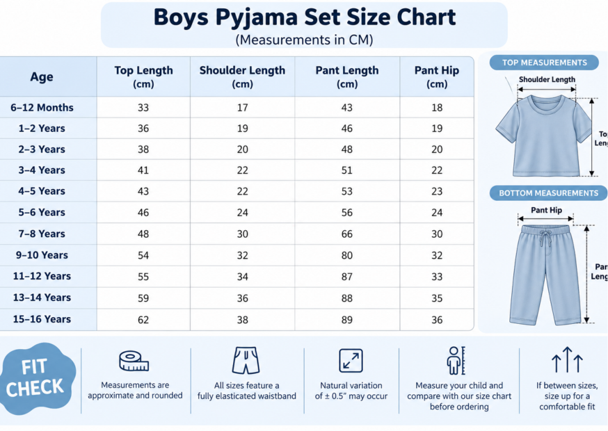 Boys Pant and T shirt Set size chart