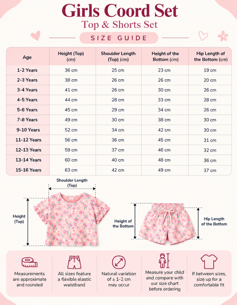 Girls T-shirt and Shorts Set  size chart