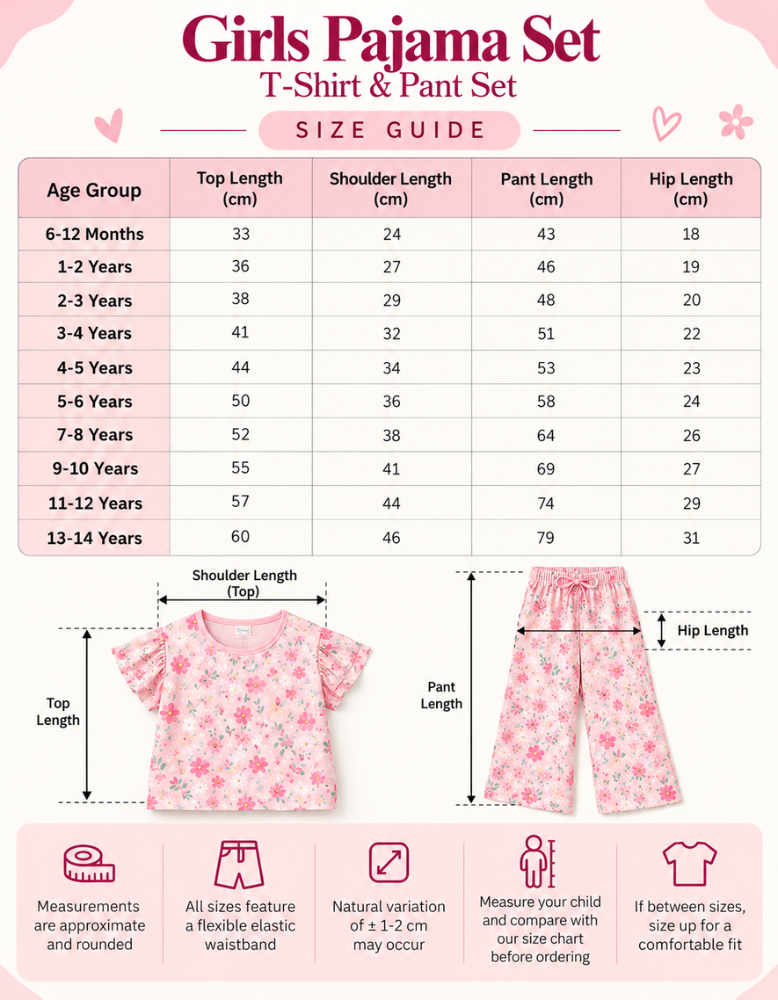Girls Pajama Set  size chart