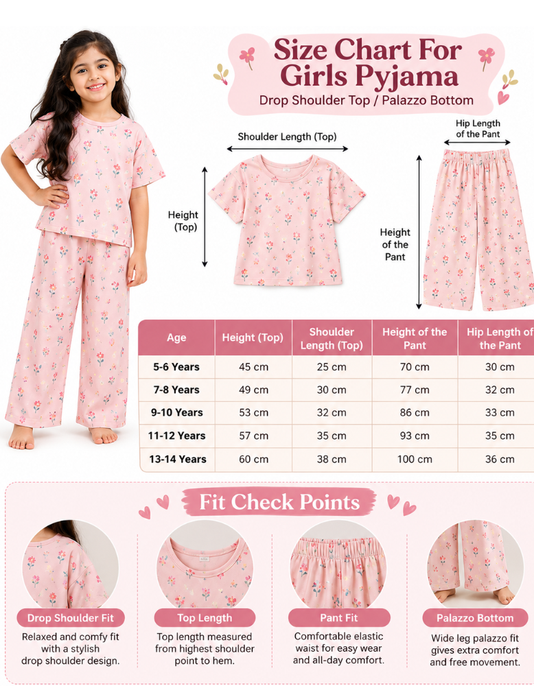 Girls Pajama Drop Shoulder  size chart
